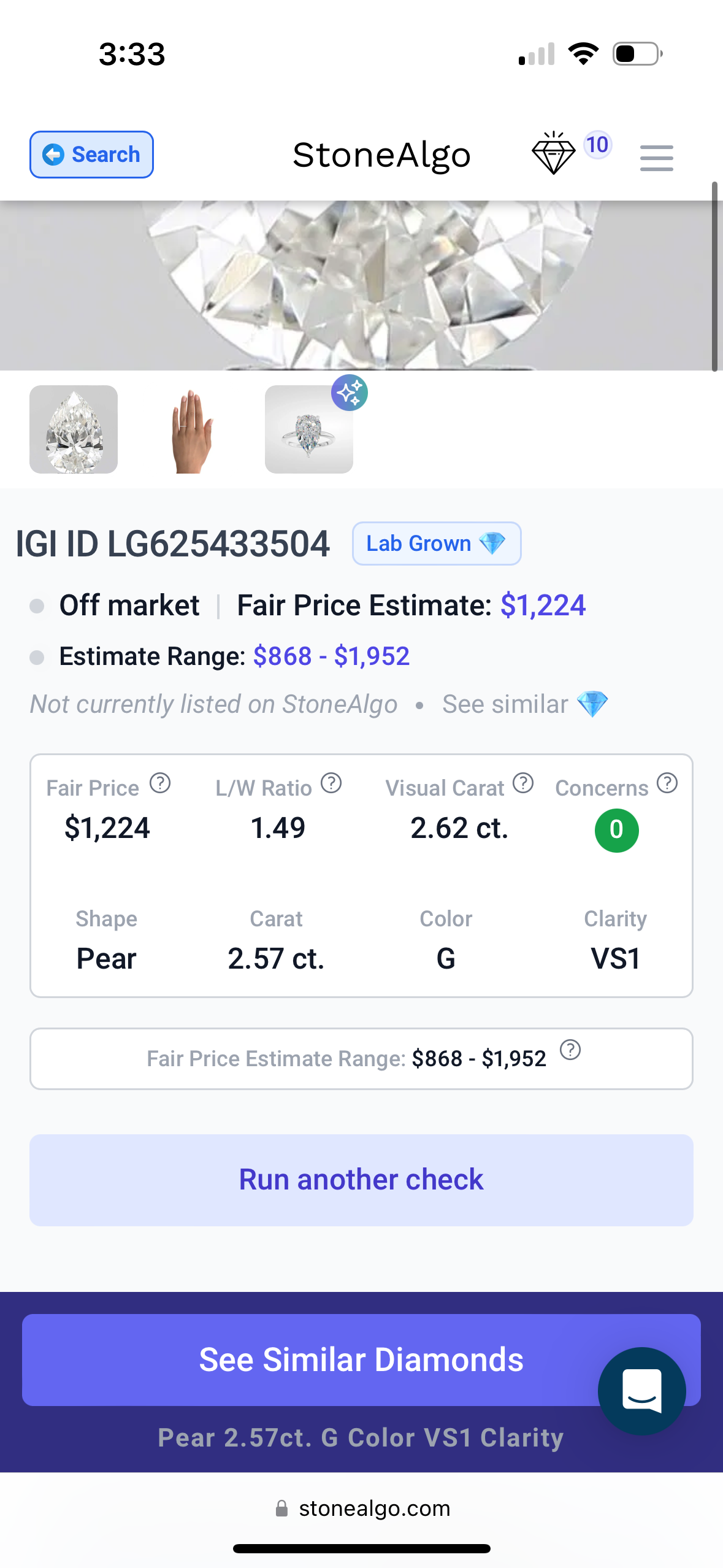 Pear 2.57ct G VS1 EX EX lab diamond