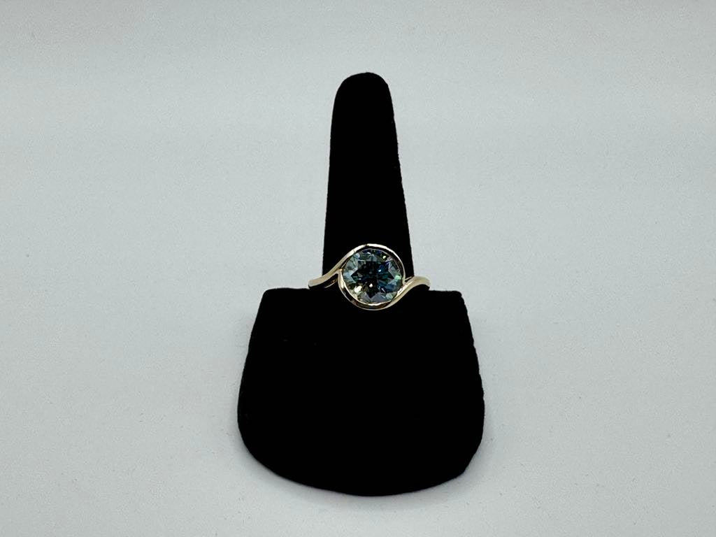 Faythe custom: 3.01 carat blue round lab diamond 10k yellow gold bypass ring