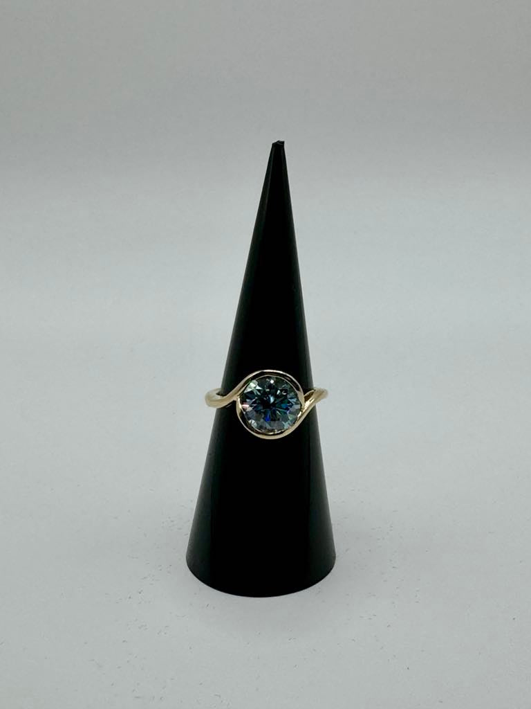 Faythe custom: 3.01 carat blue round lab diamond 10k yellow gold bypass ring