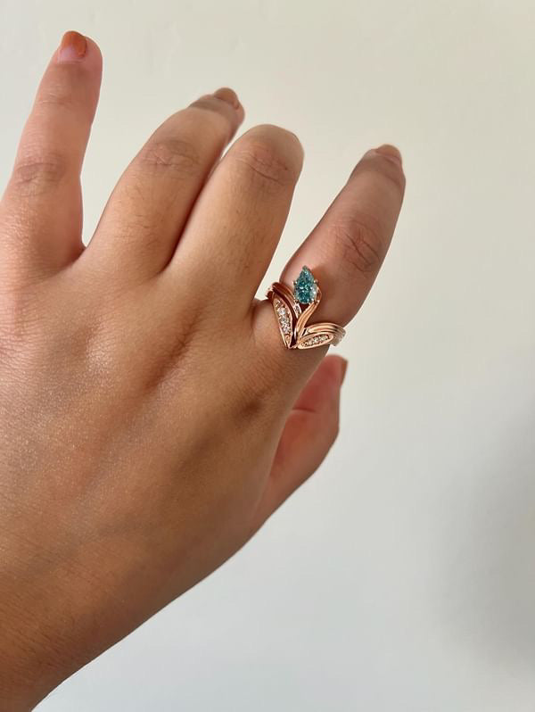 0.8 ct blue pear lab diamond rose gold ring