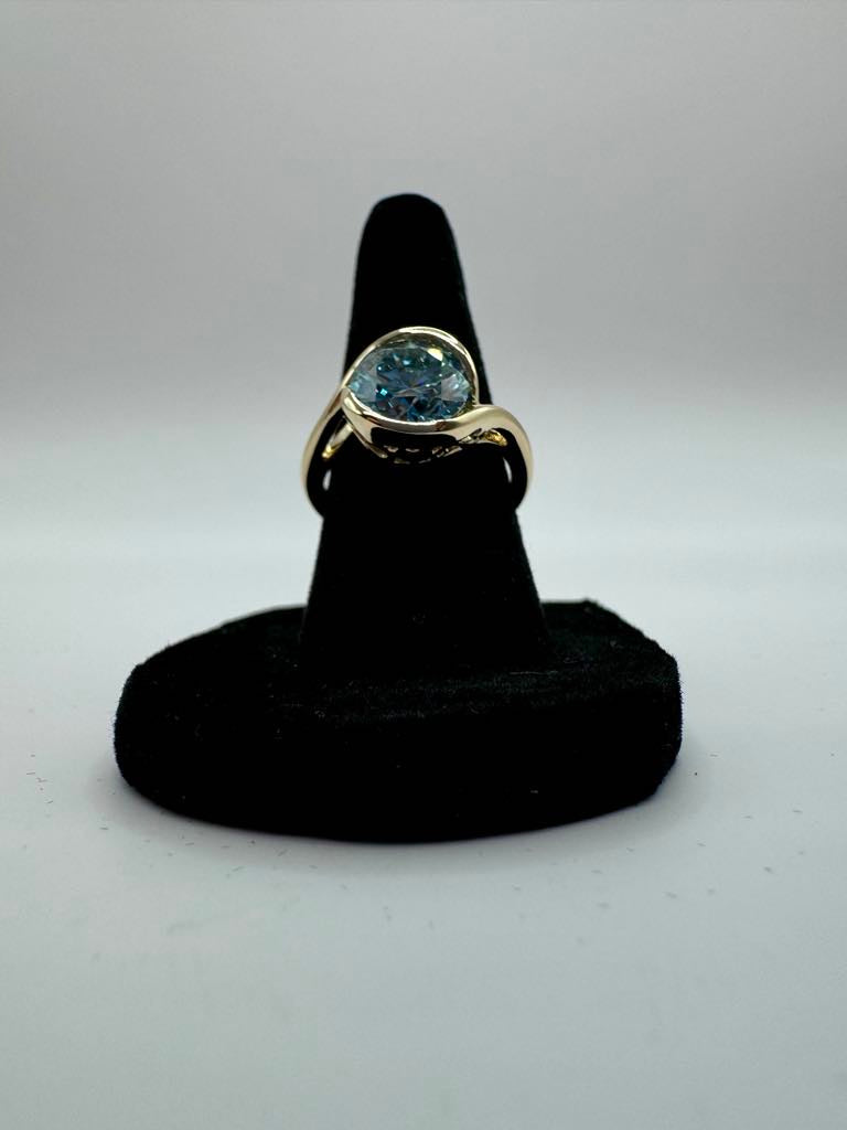 Faythe custom: 3.01 carat blue round lab diamond 10k yellow gold bypass ring