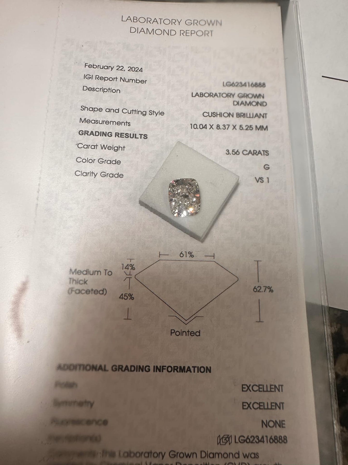 Cushion brilliant 3.56ct G VS1 EX EX loose lab diamond